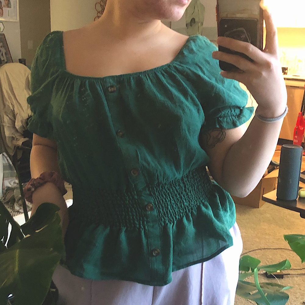Off the Shoulder Green Puff-Sleeve top